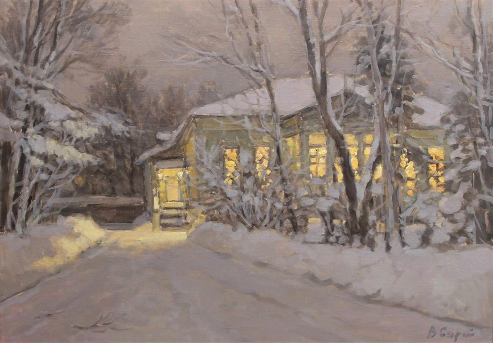 Секрет Валерий Михайлович, «Зимней вечер.Усадьба.», холст, масло, 50 × 70 см