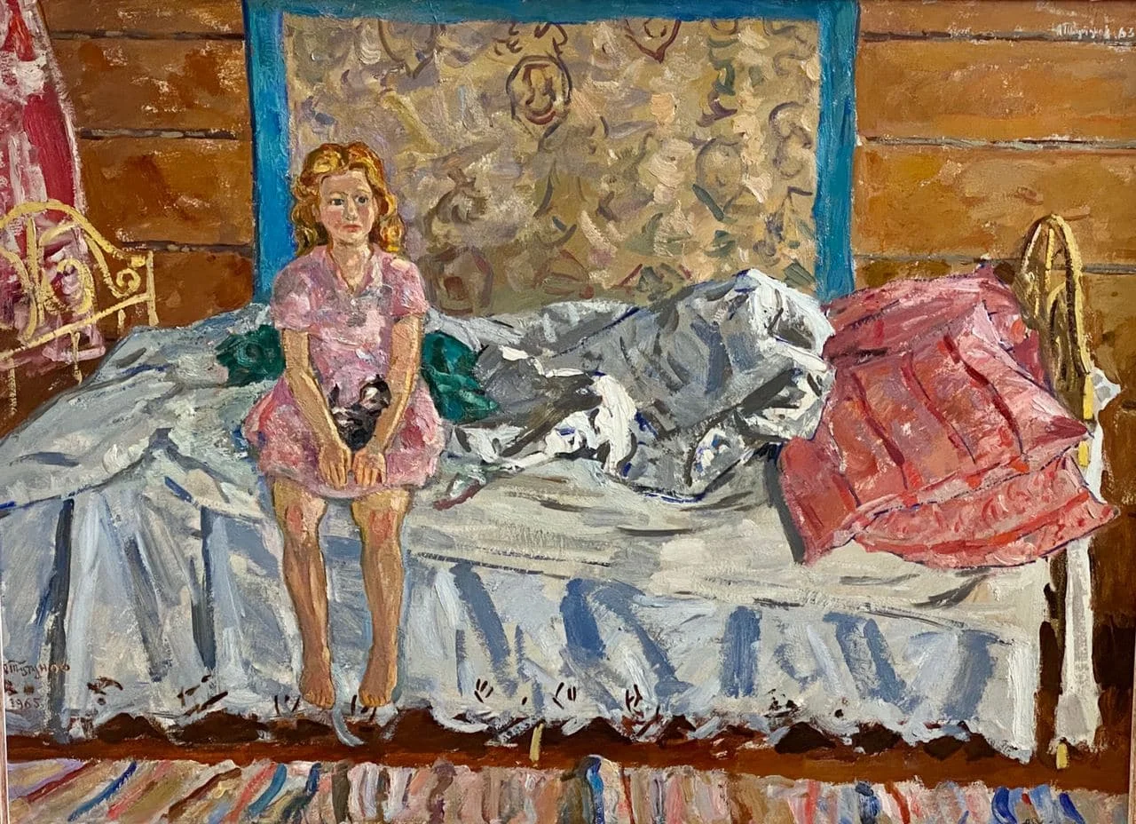 Тутунов Андрей Андреевич, «девочка с котиком», картон, масло, 75 × 100 см