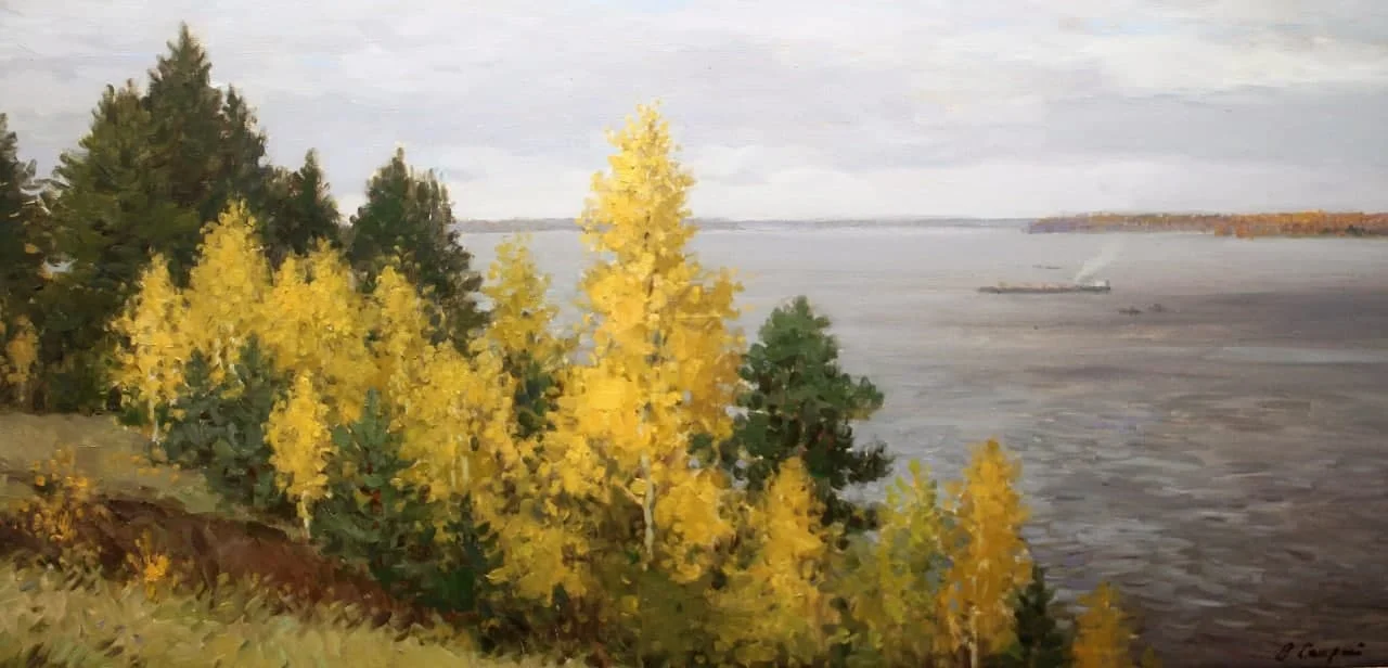 Секрет Валерий Михайлович, «Осень.Волга.», холст, масло, 50 × 100 см
