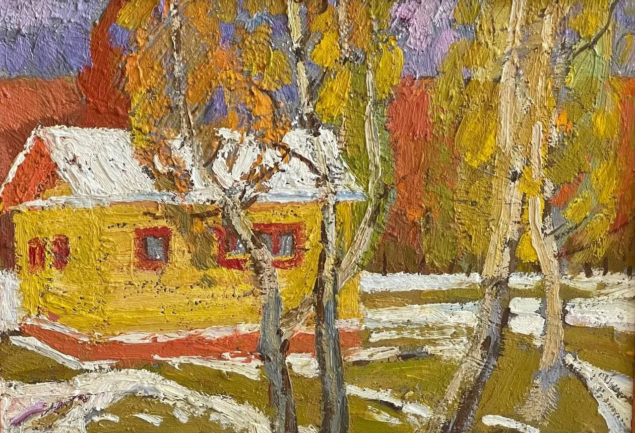 Бобров Вадим Сергеевич, «Первый снег», картон, масло, 34 × 47 см