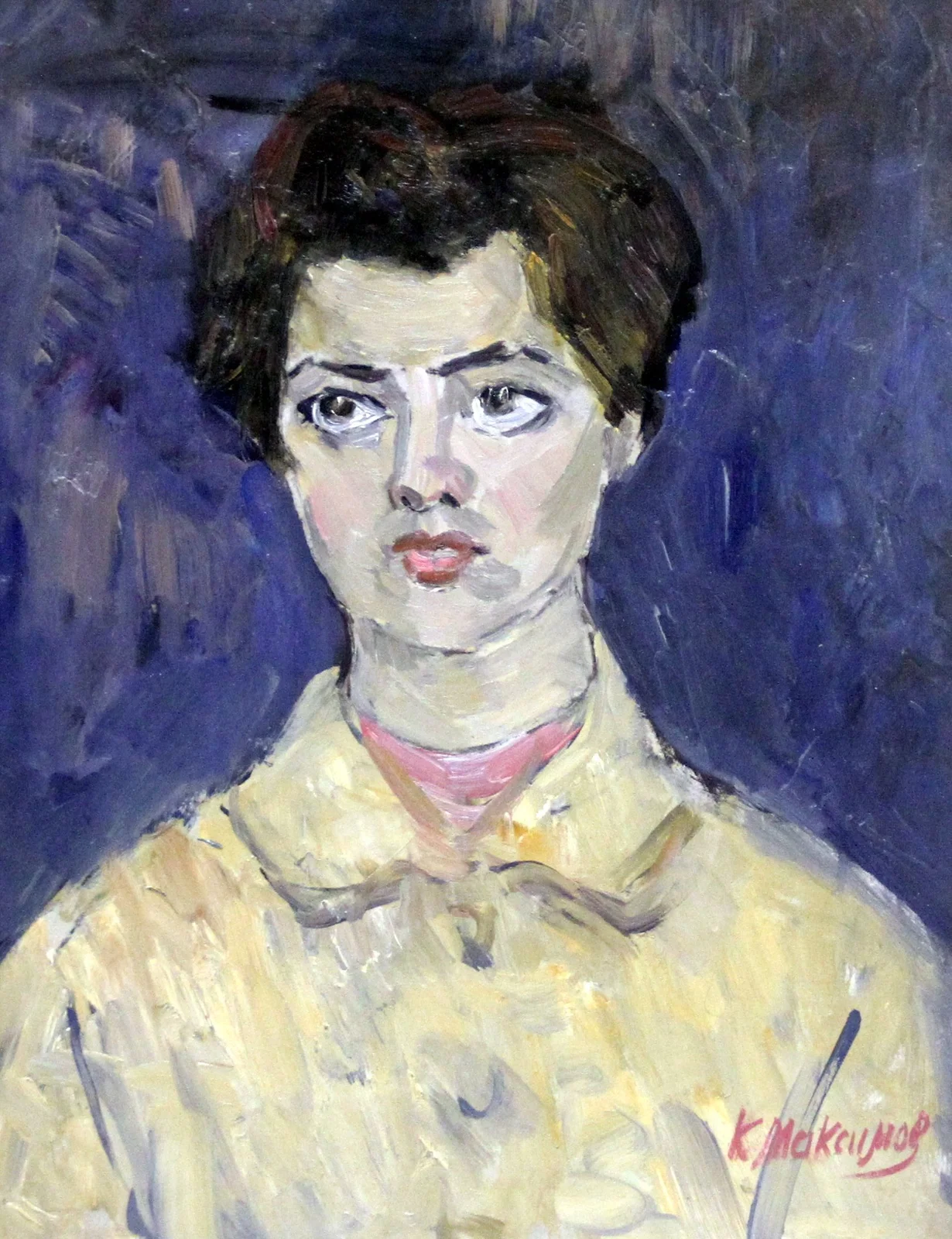 Максимов Константин Мефодьевич, «Девушка на синем», картон, масло, 58 × 45,5 см