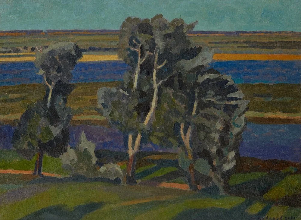 Иванов Виктор Иванович, «Серебристые тополя», оргалит, масло, 57 × 77 см