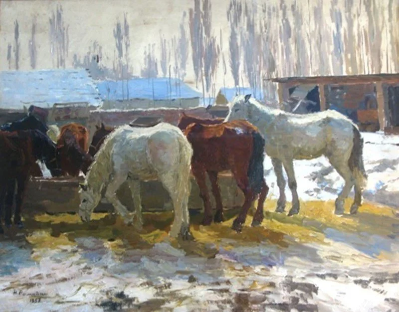 Ромадин Николай Михайлович, «У кормушки», картон, масло, 57 × 73 см