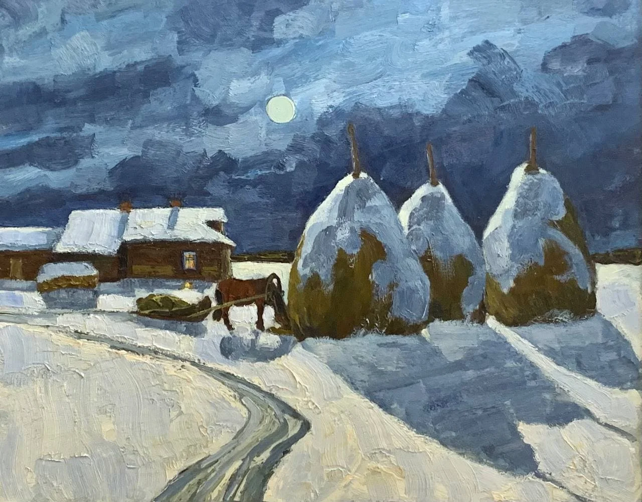 Смирнов Альфред Михайлович, «Стога при луне», холст, масло, 78 × 98 см
