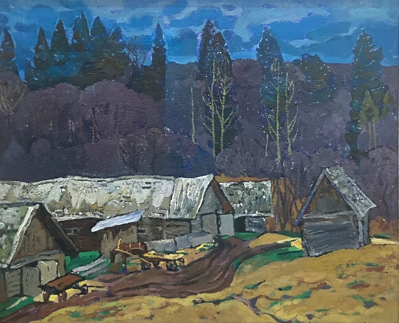 Матушевский Юрий Владимирович, «Телятники», картон, масло, 80 × 100 см