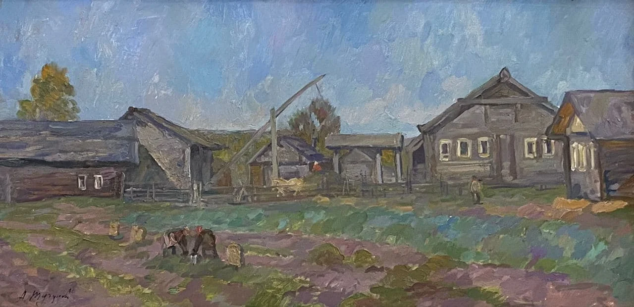 Тутунов Андрей Андреевич, «Сельские будни», картон, масло, 44 × 90 см
