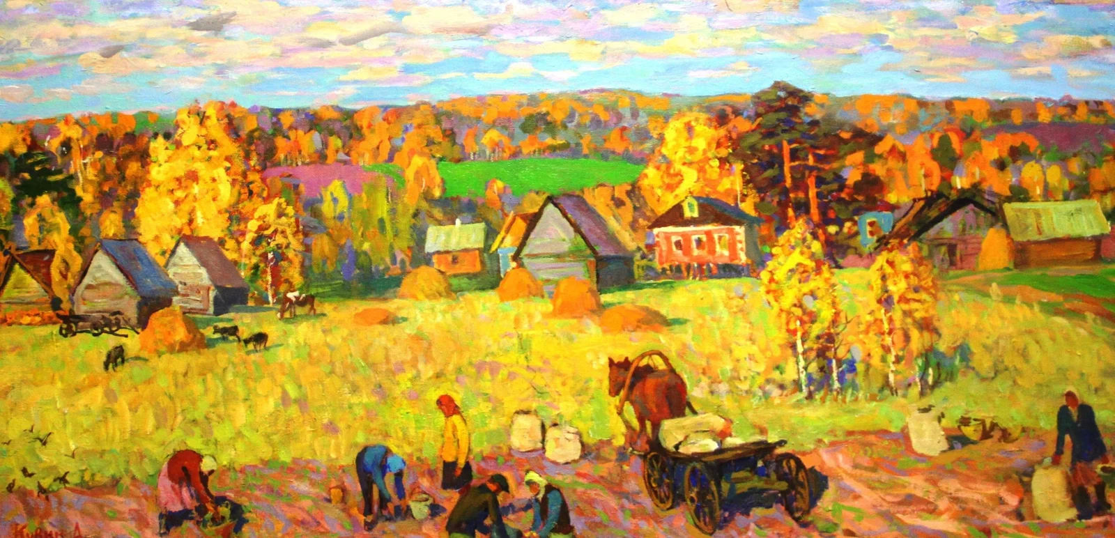 Кувин Анатолий Иванович, «Уборка картофеля», холст, масло, 70 × 140 см