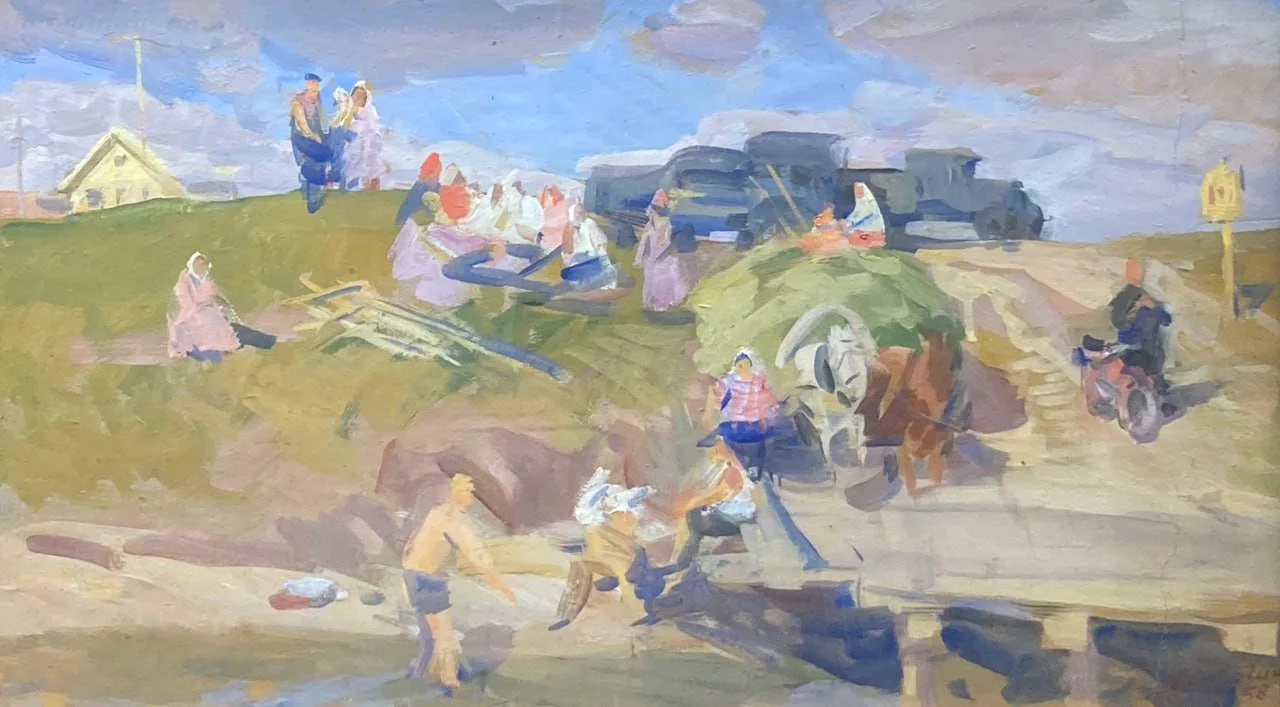 Сорогин Геннадий Павлович, «У переправы», бумага, масло, 37 × 63,5 см