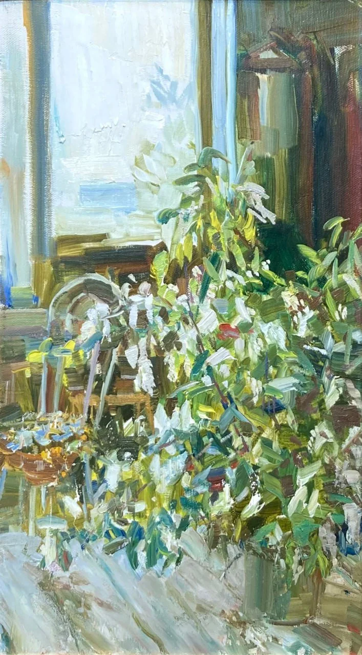 Абакумов Михаил Георгиевич, «Черемуха в мастерской», холст, масло, 40 × 20 см