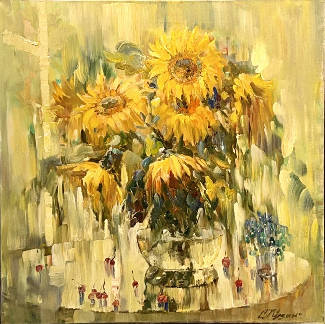 Кузин Сергей Семёнович, «Подсолнухи утром», холст, масло, 100 × 100 см